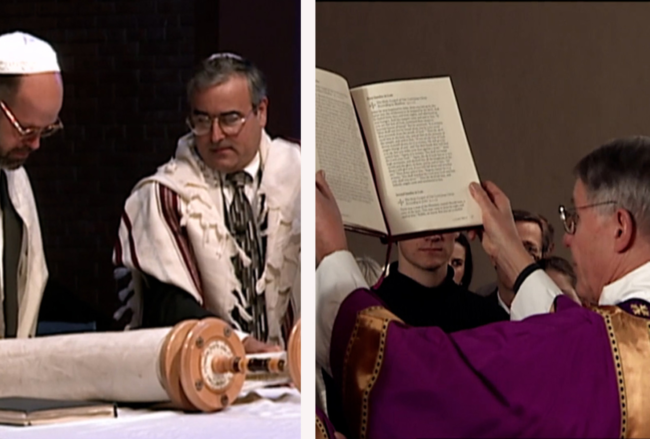 Image shows reading of the Torah and a priest holding up the Bible.