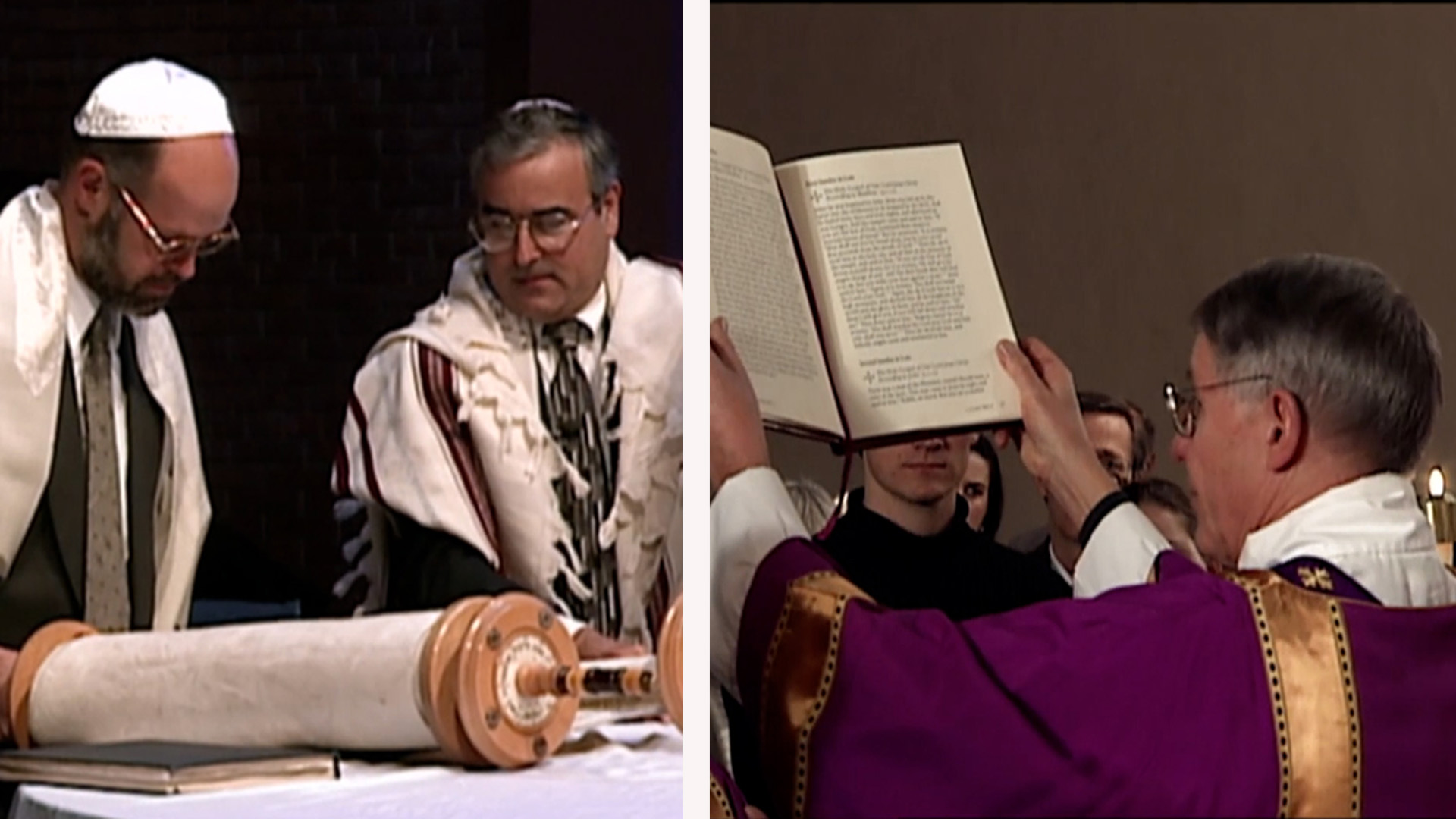 Image shows reading of the Torah and a priest holding up the Bible.